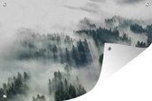 Tuinposters buiten Luchtfoto van mist in een bos - 90x60 cm - Tuindoek - Buitenposter
