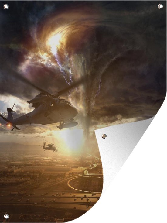 Tuinposter - Tuindoek - Tuinposters buiten - Helikopters die rond een grote tornado vliegen - 90x120 cm - Tuin