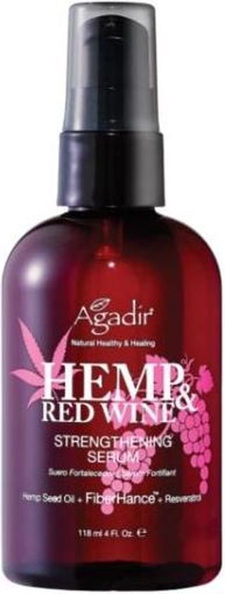 Agadir Hemp & Red Wine Strengthening Serum fles met pompdispenser. Donkerrode fles met witte en roze tekst.