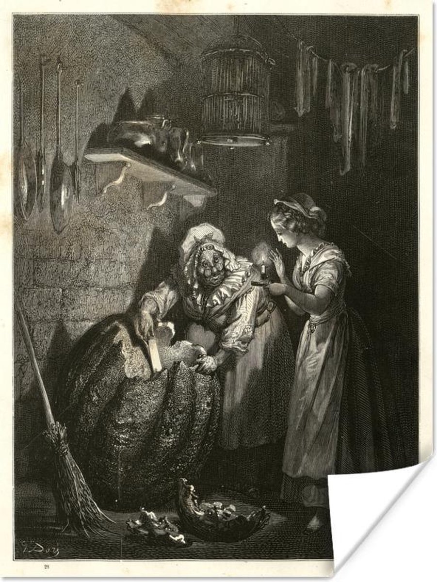 Illustration de Cendrillon coupant la citrouille dans un poster calèche 120x160 cm