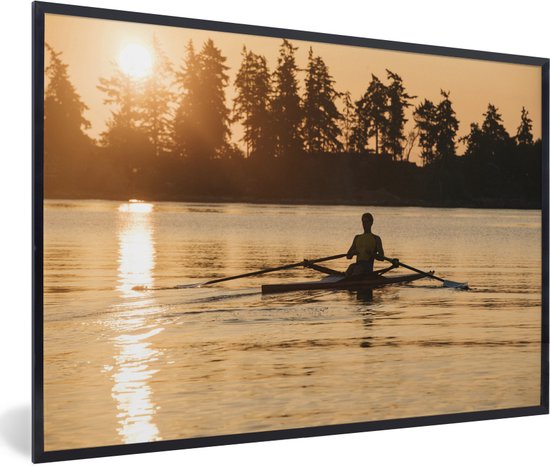 Fotolijst incl. Poster - Een man is aan het roeien bij een zonsondergang - 90x60 cm - Posterlijst