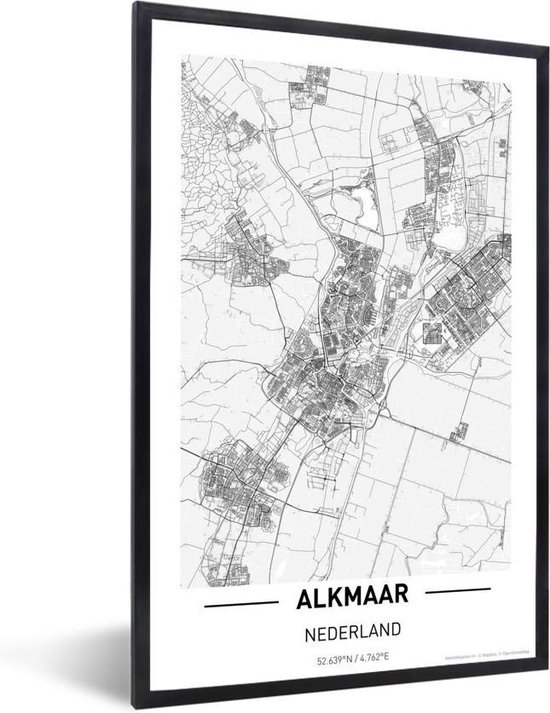 Fotolijst incl. Poster - Stadskaart Alkmaar - 60x90 cm - Posterlijst - Plattegrond