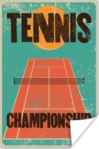 Poster Vintage tennis illustratie met een oranje tennisbal op een blauwe achtergrond - 60x90 cm