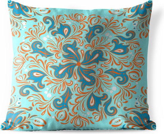 Foto: Buitenkussens tuin vierkant patroon op een lichtblauwe achtergrond met een blauwe bloem en oranje bladeren 60x60 cm