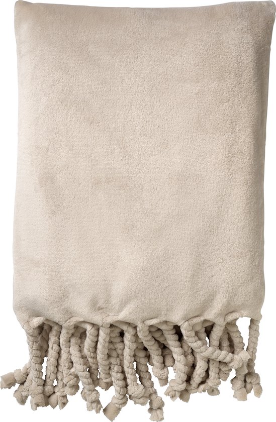 Foto: Dutch decor florijn plaid 150x200 cm grote fleece plaid met flosjes pumice stone beige