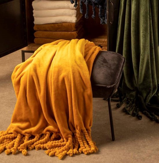 Dutch Decor - FLORIJN - Plaid 150 x200 cm - grote flannel fleece plaid met flosjes - Golden Glow - geel