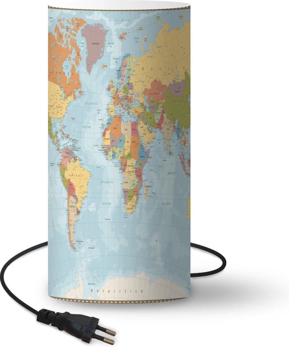 Lamp - Nachtlampje - Tafellamp slaapkamer - Wereldkaart - Kleuren - Atlas - 54 cm hoog - Ø24.8 cm - Inclusief LED lamp