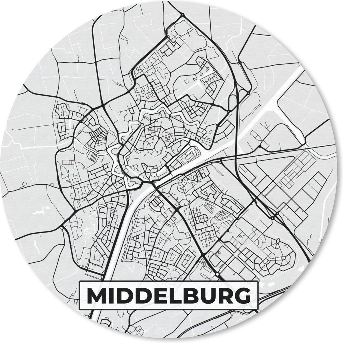 Muismat rond 20x20 cm - Mousepad Stadskaart - Middelburg - Grijs - Wit - Ronde muismatten