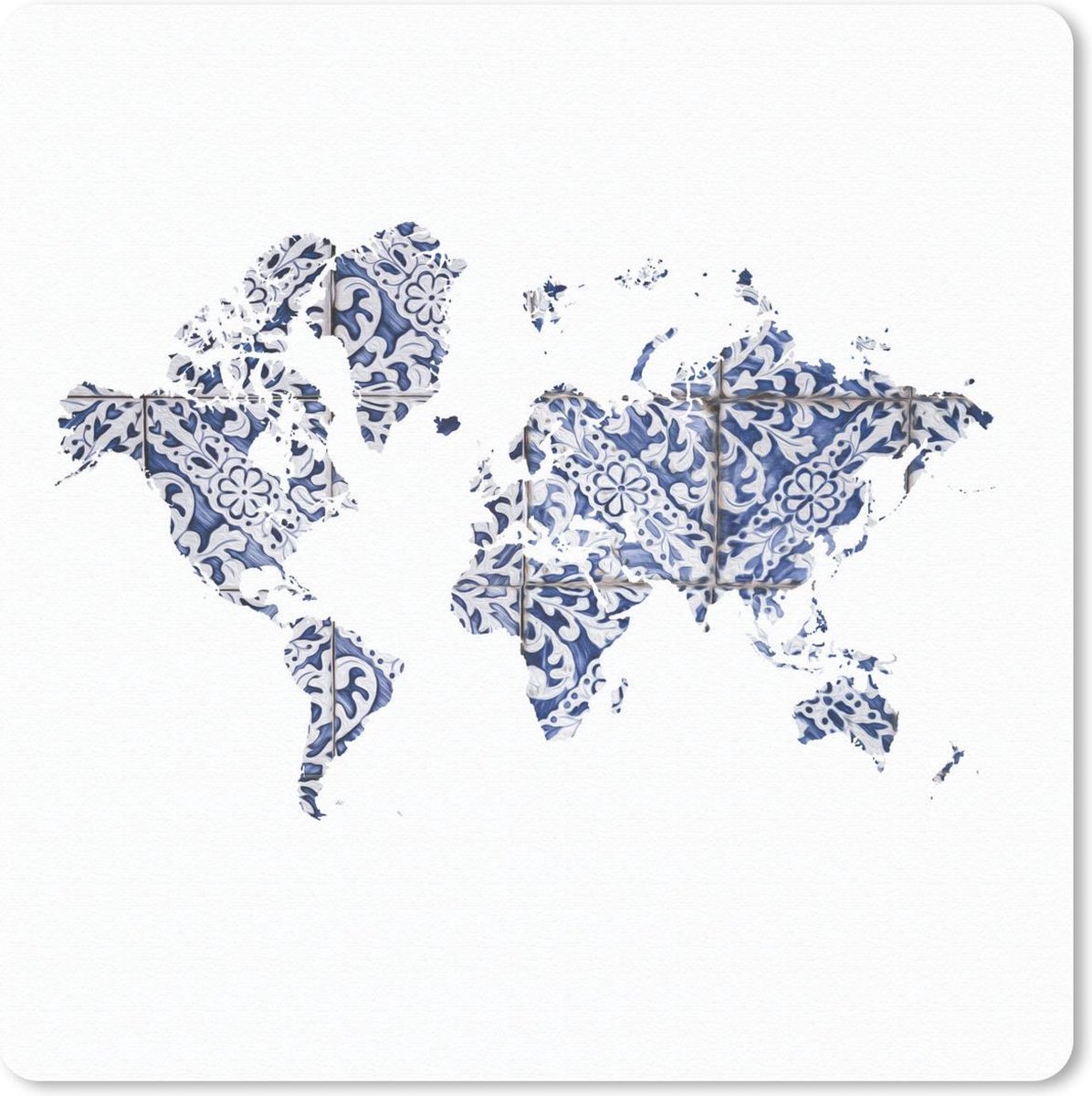 Muismat 20x20 cm - Mousepad Wereldkaart - Delfts Blauw - wit - Muismatten