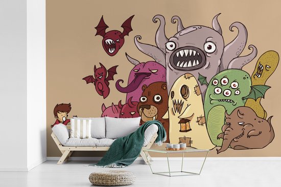 Papier peint Papier peint photo en vinyle - Monstres absurdes avec un garçon effrayé largeur 360 cm x hauteur 240 cm - Tirage photo sur papier peint (disponible en 7 tailles)