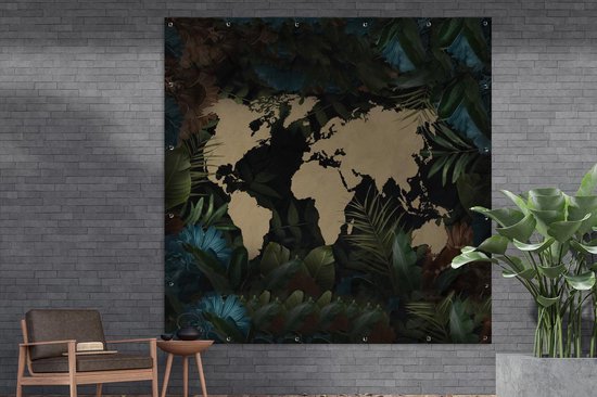 Poster de Jardin Wereldkaart - Fleurs - Blauw - 200x200 cm - Toile de jardin - Poster extérieur