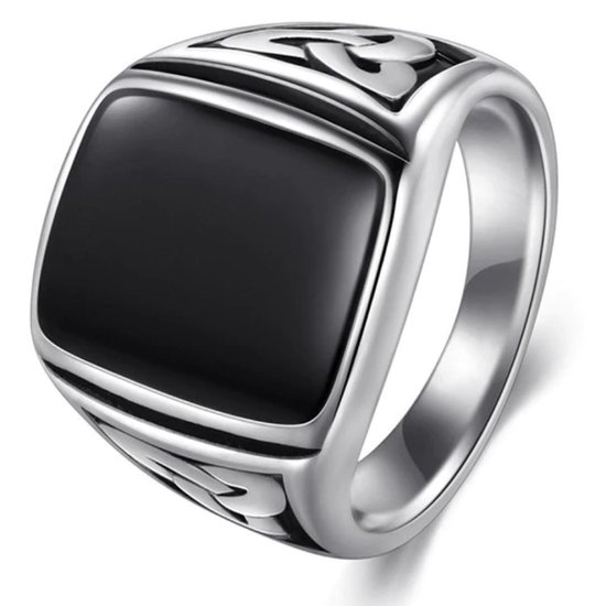 Victorious Zilveren Ring Zwart Natuursteen Heren – Zegelring - Maat 64 (20.6mm)