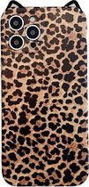 Cat Ear Leopard Print TPU Straight Edge-beschermhoes met lanyard voor iPhone 12 Pro (bruin)