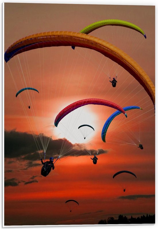 Forex - Verschillende Parachutes in Oranje Lucht - 40x60cm Foto op Forex