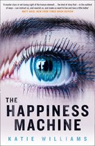 Boekcover 'The Happiness Machine' van Katie Williams met een close-up van een blauw oog, omringd door fragmenten van huid en met de titel in grote letters.