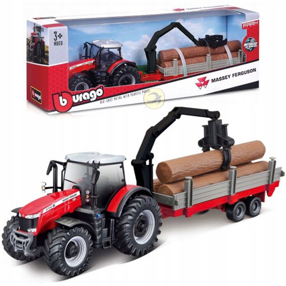 Bburago Massey Ferguson Traktor met Houtaanhanger - Metaal