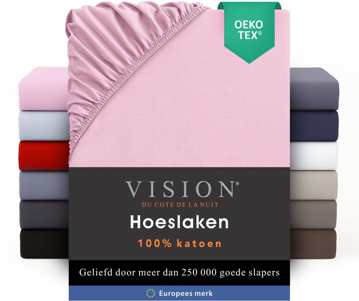 VISION Hoeslaken - 100% katoen - 200 x 200 cm met ruime hoek van 30cm - Geschikt voor boxspring matras - Roze - Oekotex gecertificeerd