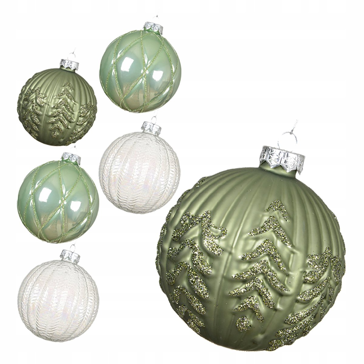 Grote Glazen Kerstballen Wit-Groen 10cm Set van 6