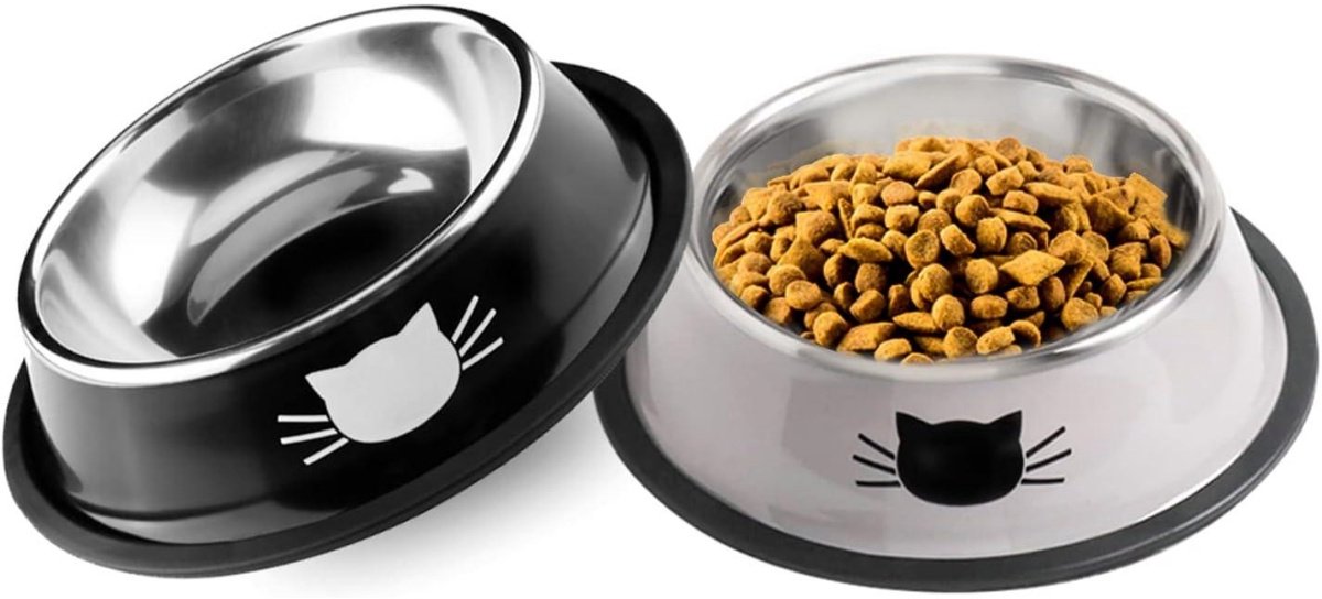 EXCITAT Kattenvoerbak van roestvrij staal - Set van 2 - Kattenvoerbakset - Dubbele betegelde voer- en waterbak - Zwart en grijs - 16 cm
