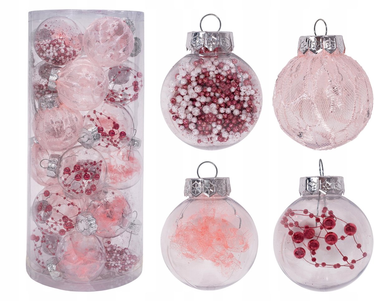 Kerstballen set van 24 stuks in transparant met koraaltjes, van het merk Tutumi.