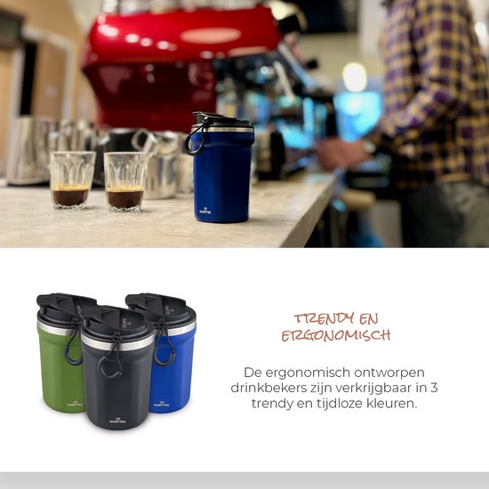Groene, zwarte en blauwe Rubytec bekers naast elkaar.