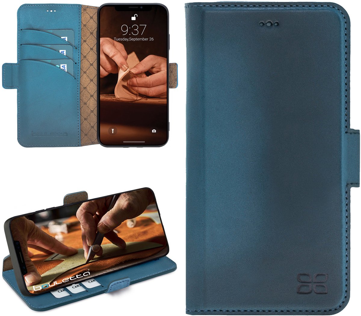 Pulledro geschikt voor iPhone 17 Pro Max lederen Bookcase - Echt leer · Handgemaakt · Standfunctie - Midnight Blue