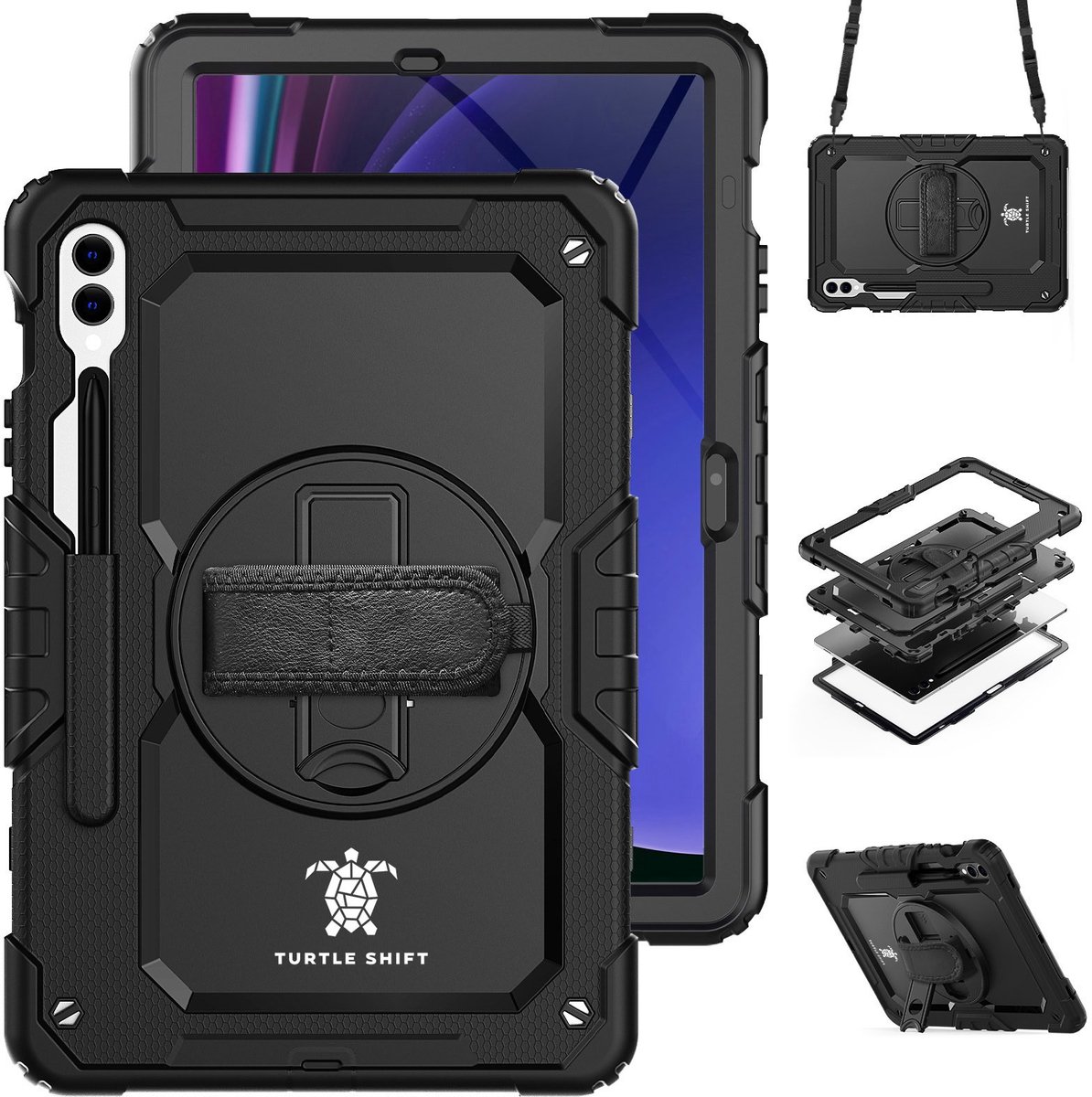 Geschikt voor Samsung Galaxy Tab S10 Plus / Tab S9 FE Plus / Tab S9 Plus Hoes - 12.4 inch - Hoes met screen protector - Turtle Shift Cover Hoesje - Schouderriem - Shockproof - Met Standaard - Zwart