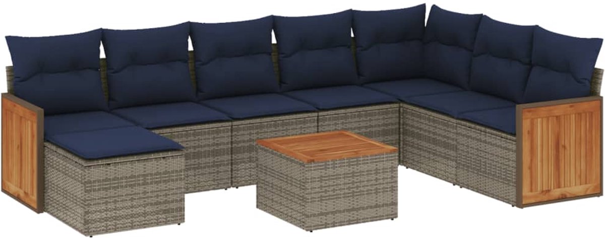 vidaXL - 9-delige - tuinbankset - met - kussens, - grijs - polyrotan
