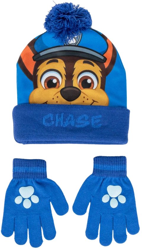 Blauw winterset met muts met Chase van Paw Patrol en handschoenen met pootafdruk.