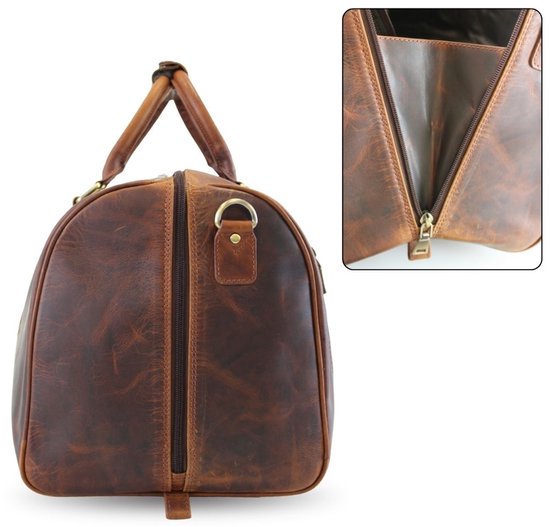 Zijkant van cognac leren weekendtas met rits en een vergroot detail van de ritssluiting.