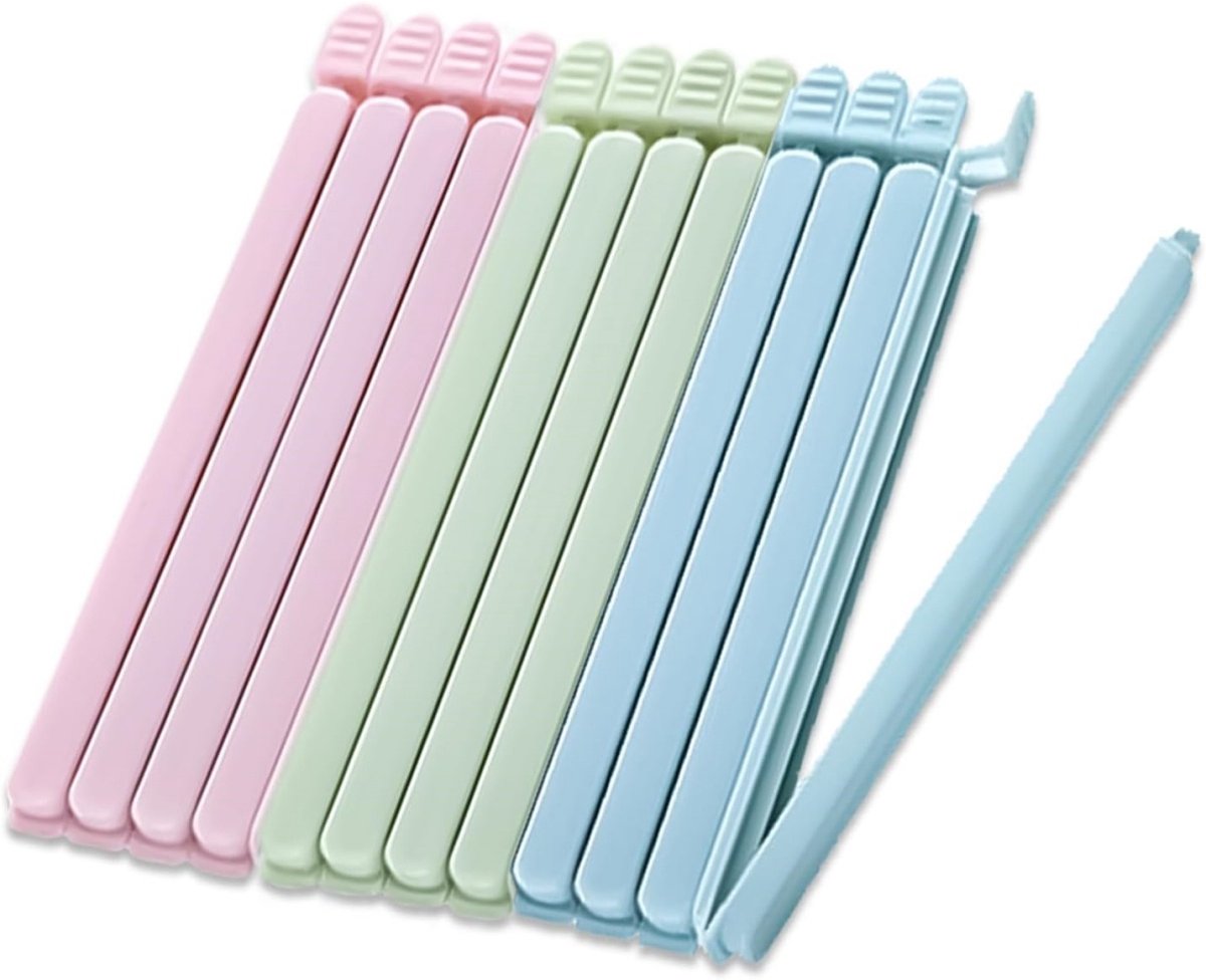 TOVBMUP 12 Stuks Keukenopbergaccessoires - Beugelclips voor Zakjes - Herbruikbare Sluitclips met Kliksluiting - Geschikt voor Voedselzakjes, Snacks, Koffie en Sandwichverpakkingen - Kunststof - 15,5x1,5cm