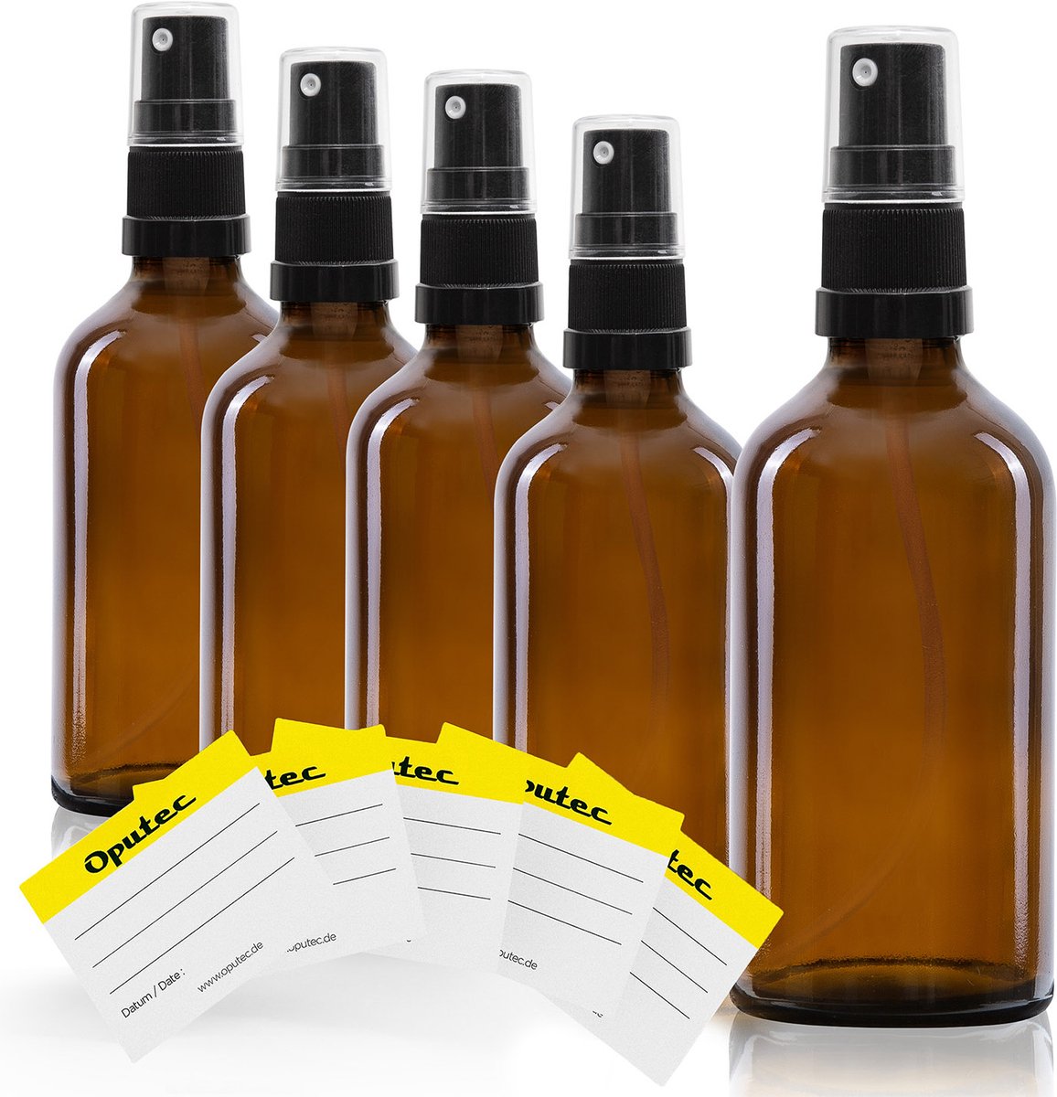 Oputec 5 x 50 ml sprayflessen – bruin glas met fijne verstuiver & etiketten – lekvrij & navulbaar
