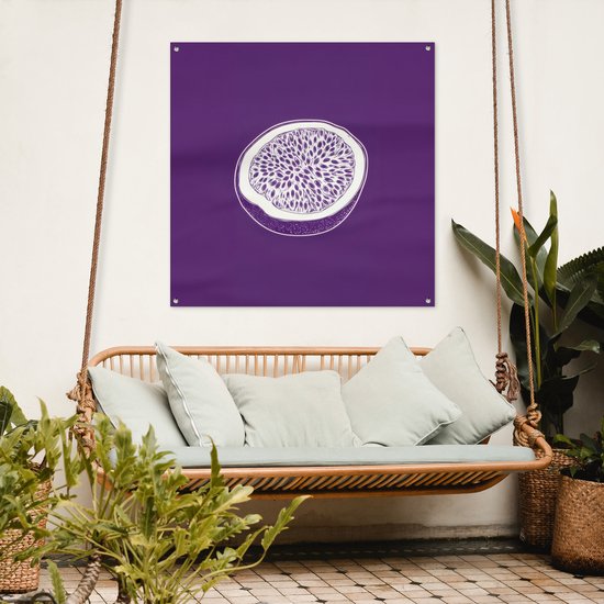 Tuinposter 100x100 cm - Tuindecoratie Passievrucht - Zaadjes - Paars - Minimalistisch - Poster voor in de tuin - Buiten decoratie - Schutting tuinschilderij - Tuindoek muurdecoratie - Wanddecoratie balkondoek