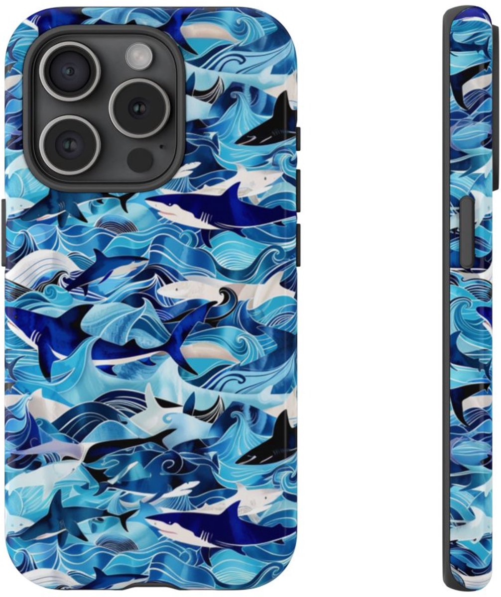 Blauwe Oceaangolven en Haaienpatroon – Telefoonhoesje Geschikt voor iPhone 15 Pro
