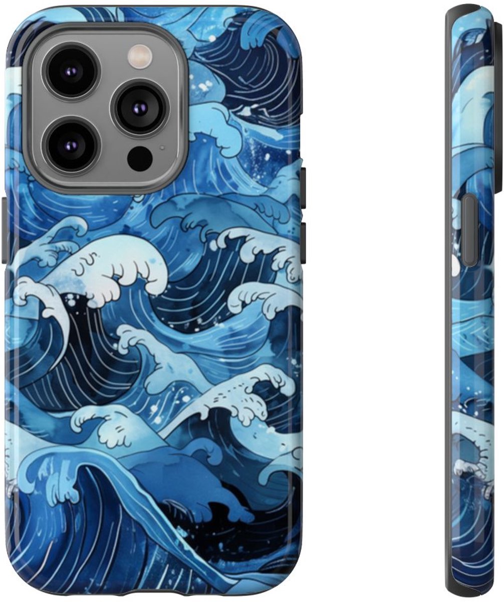 Handgetekende Japanse Stijl Oceaangolven – Telefoonhoesje Geschikt voor iPhone 14 Pro