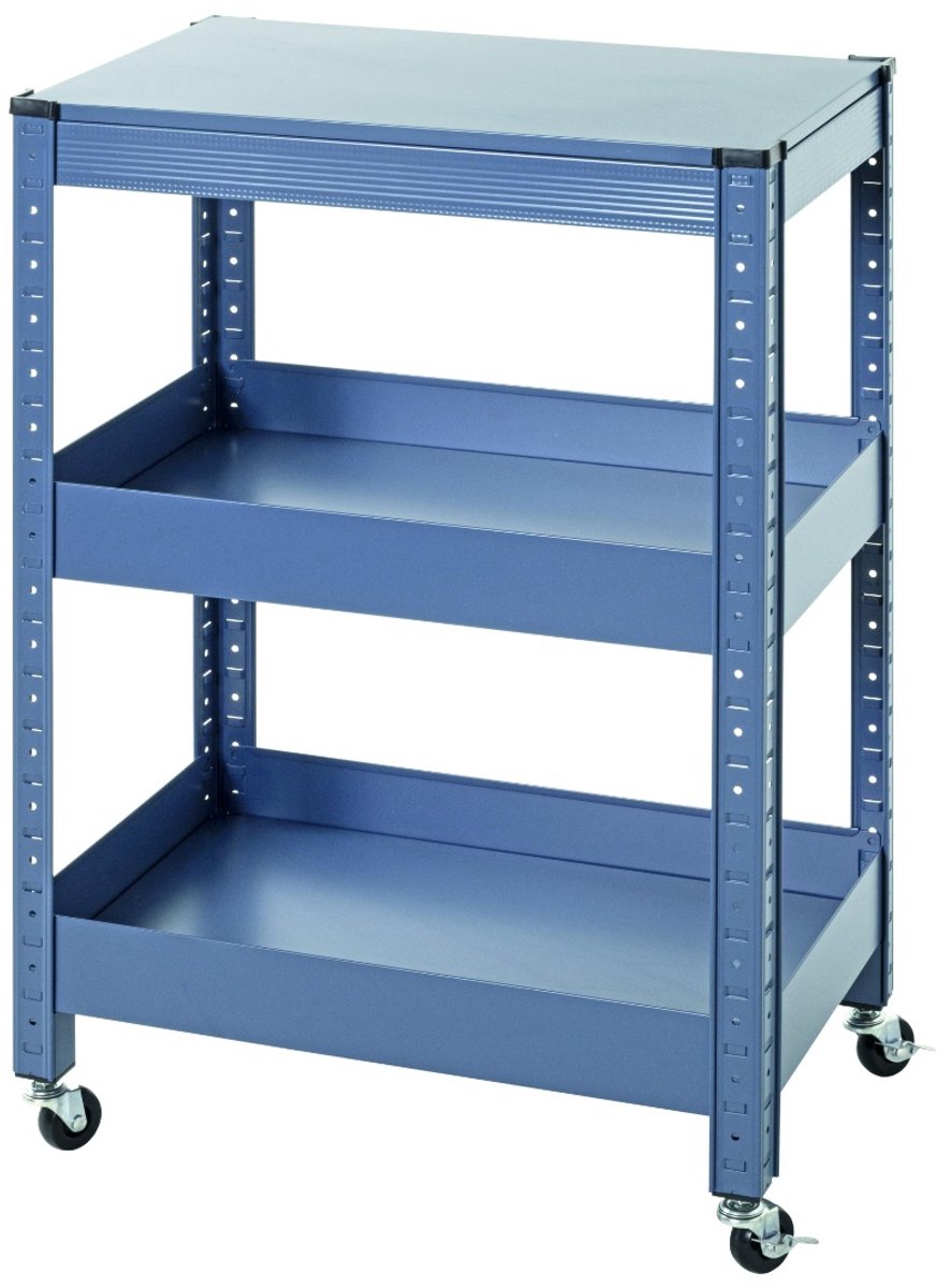 Keukentrolley – Blauw metaal met drie planken – Verrijdbare keukenwagen, modern design – 75 cm hoog, 50 cm breed, 32 cm diep