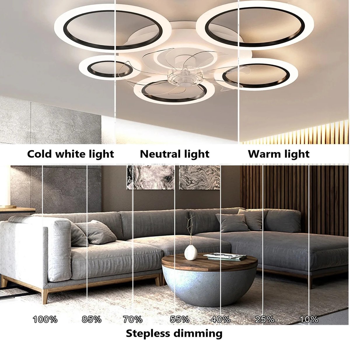 Plafondventilator - Met Verlichting - Ringen - Moderne Plafondventilator Verlichting - Plafond Ventilator Lamp - 5 Cirkels - Met Afstandsbediening - Dimbaar - Zwart - Wit thumbnail 2