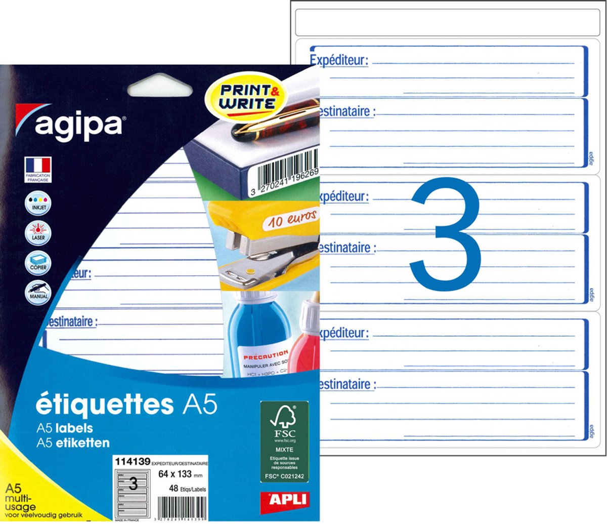 agipa Afzender/ontvanger-etiketten, 64 x 133 mm