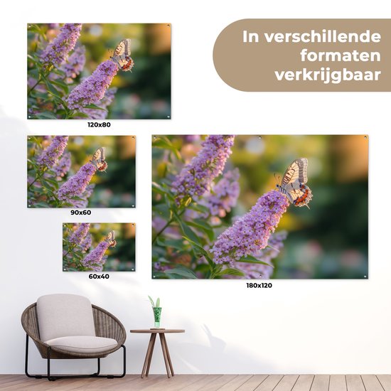 Affiche de jardin 120x80 cm - Décoration de jardin décorative - Papillon - Violet - Fleurs - Affiche pour le jardin - Décoration extérieure - Tableau de jardin clôture - Décoration murale en tissu de jardin - Décoration murale en tissu de balcon