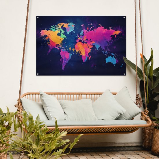 Tuinposter 120x80 cm - Tuindecoratie Wereldkaart - Kleurrijk - Graffiti - Poster voor in de tuin - Buiten decoratie - Schutting tuinschilderij - Tuindoek muurdecoratie - Wanddecoratie balkondoek