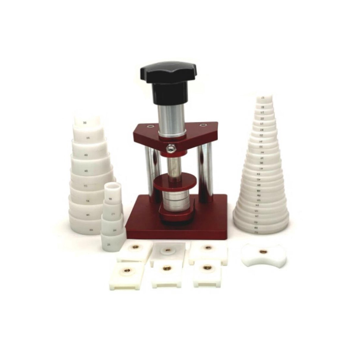 Persgereedschap met 32 Delrin-inzetstukken voor het persen van horlogeglazen en het sluiten van kasten