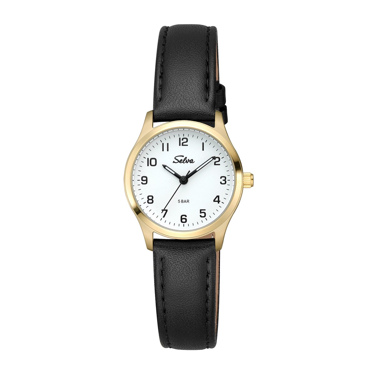 SELVA dames quartzhorloge, roestvrijstalen kast, leren band, gesp, 5 bar