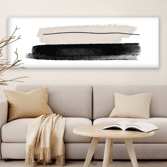 Canvas schilderij 180x60 cm - Wanddecoratie Abstract - Lijnen - Zwart - Beige - Kunst - Muurdecoratie woonkamer - Slaapkamer decoratie - Kamer accessoires - Schilderijen op canvas