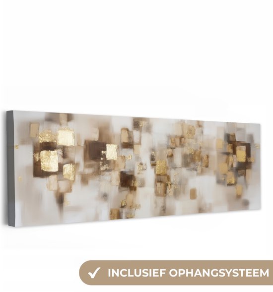 Abstract schilderij met bruine en gouden vierkanten, inclusief ophangsysteem.