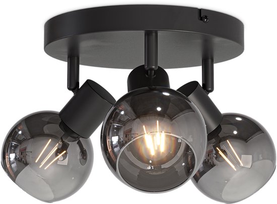 HOFTRONIC - Glazura LED Plafondlamp rond - Glazen Bollen - Smoke Glas - 3 spots (excl.) - E14 fitting - Zwart - IP20 - Plafondlamp Rookglas - Afzonderlijk kantelbaar & draaibaar - 2 jaar garantie
