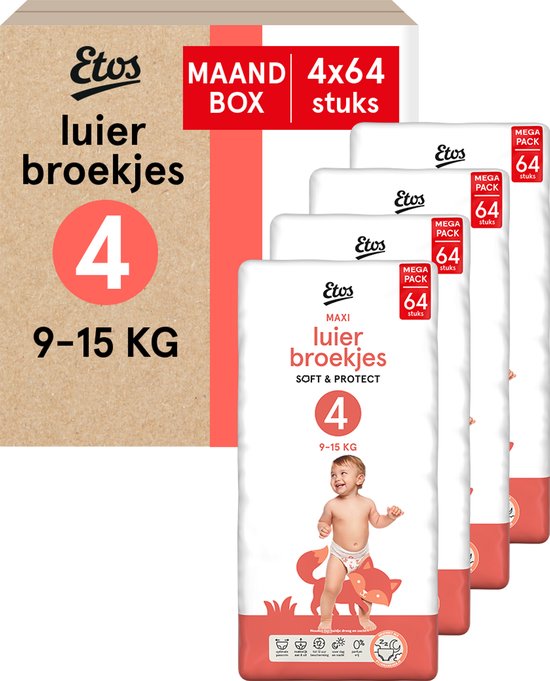 Etos Luierbroekjes - Maat 4 - 9 tot 15kg - Maandbox - 4 x 64 stuks