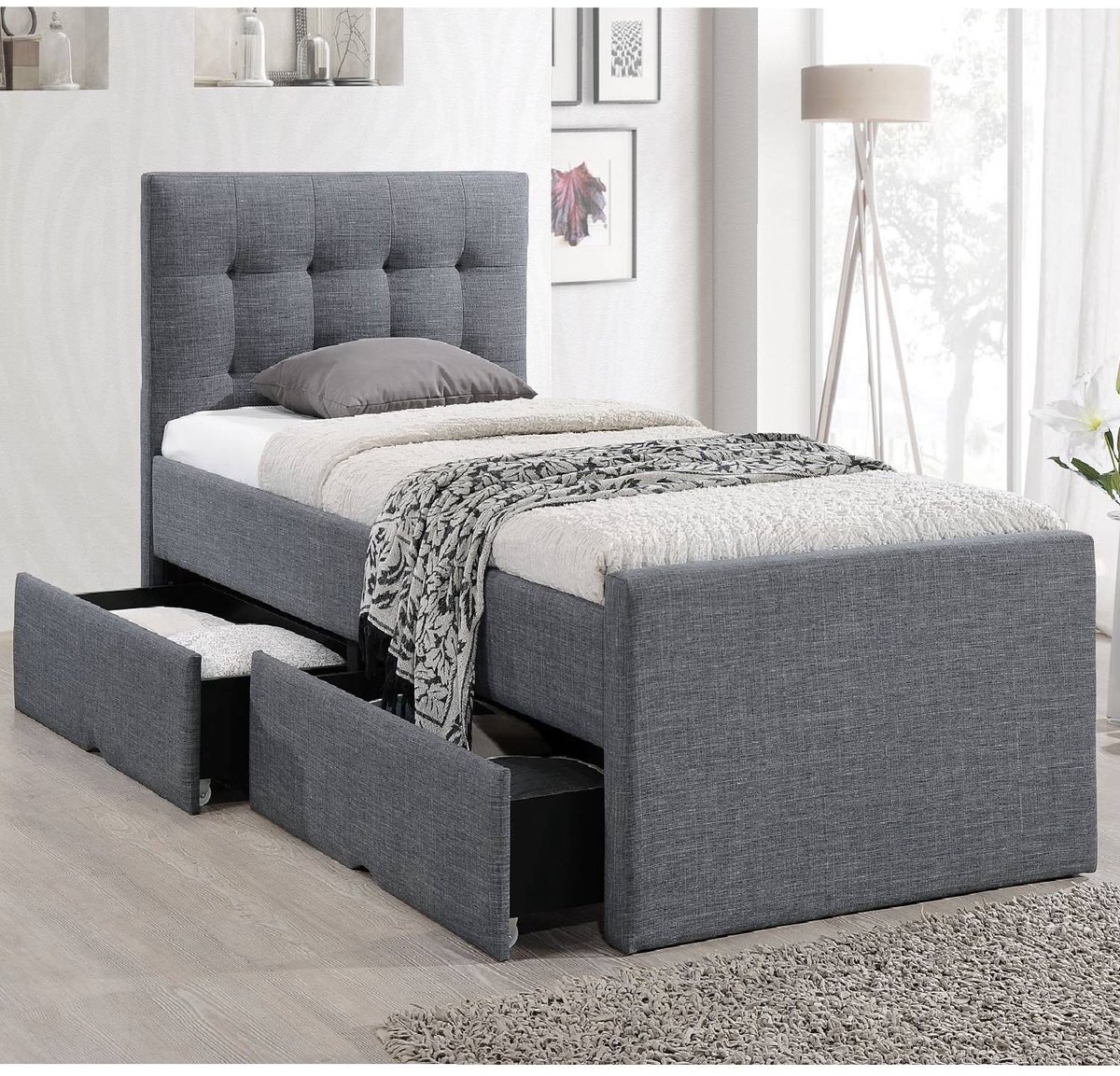 Homestyle4u Eenpersoonsbed - 90x200 cm - Gestoffeerd bed - met 2 bedbakken - Grijs