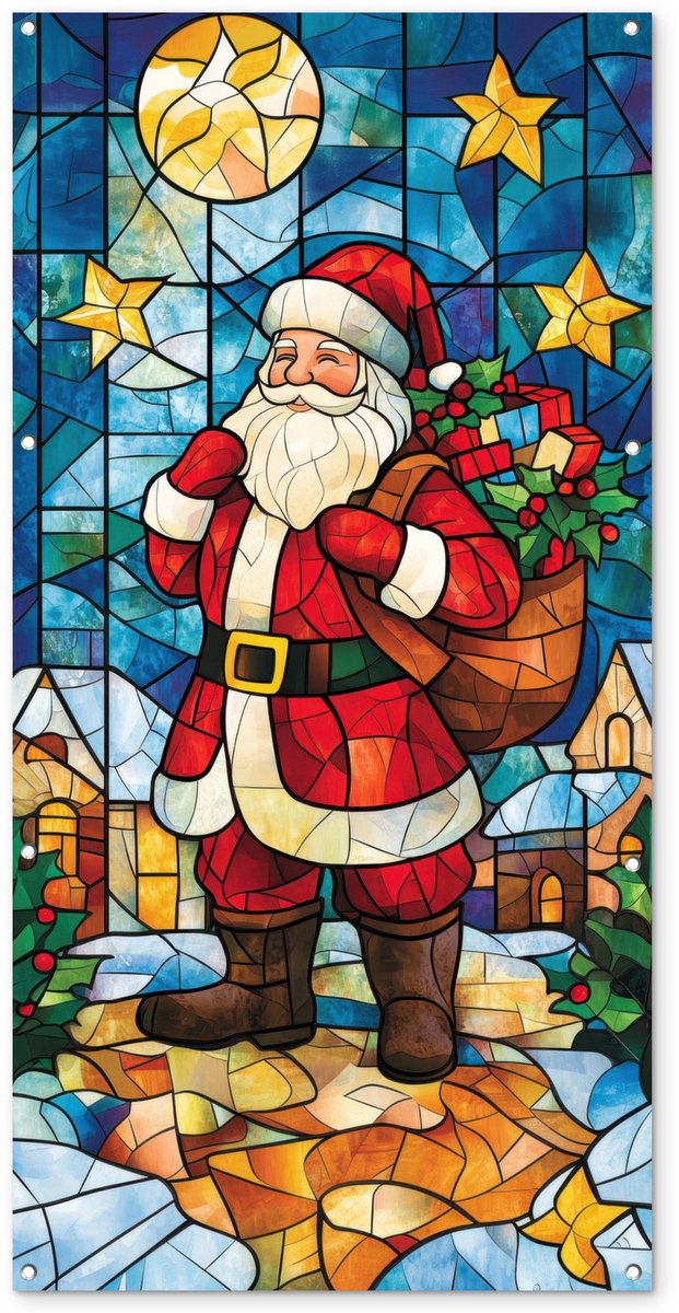Vrolijke Kerstman tuinposter van glas voor buiten decoratie, 80x160 cm, kleurrijk en sfeervol voor tuin of schutting.