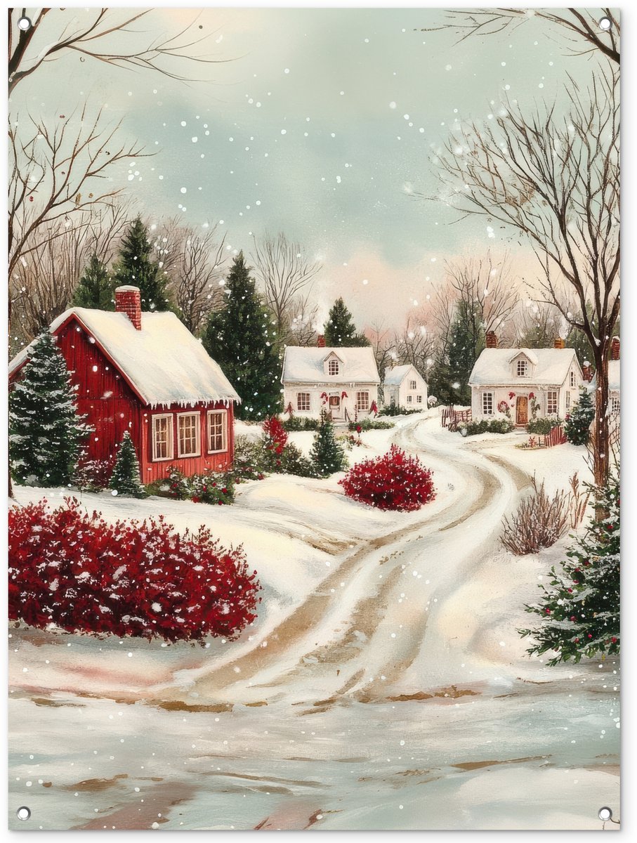 Tuinposter met kerstsfeer in landelijke stijl - Rood - 90x120 cm.