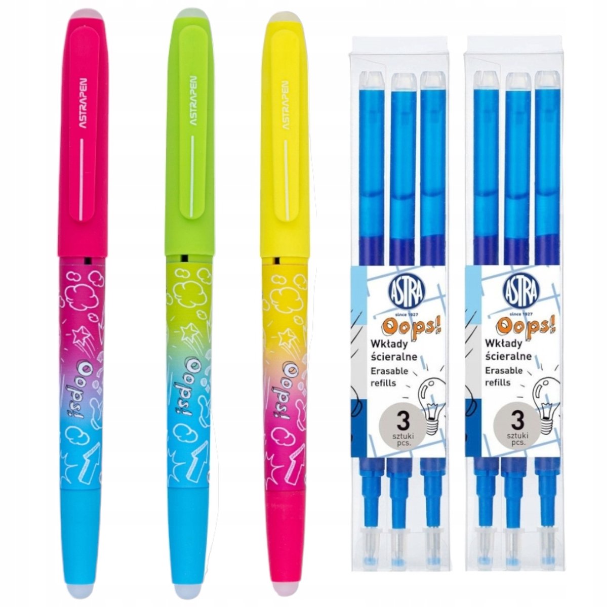 Astra Uitwisbare Pen Neon Set: 3x Pen + 6x Blauwe Vullingen
